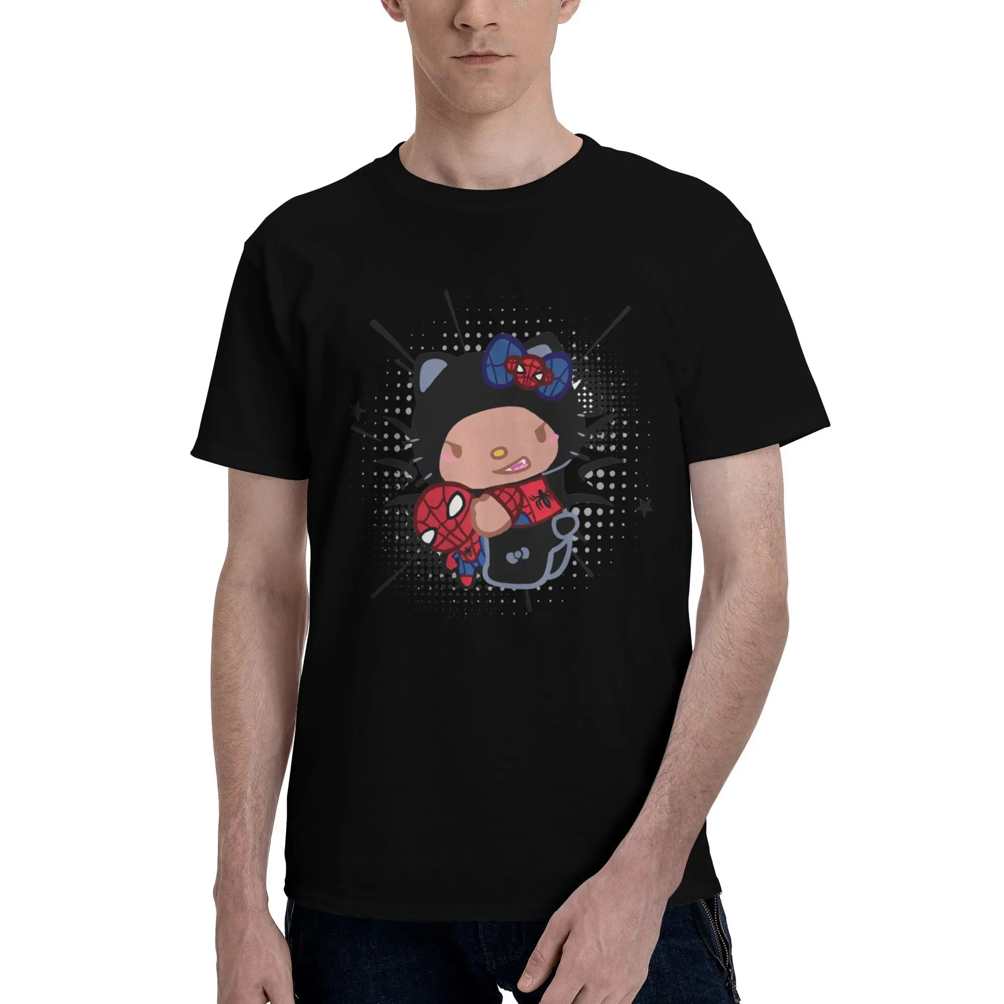 

Kawaii Black Hello Kitty Spider Man T Shirts for Men Cotton Vintage T-Shirt Crewneck Tees Short Sleeve Clothing Gift