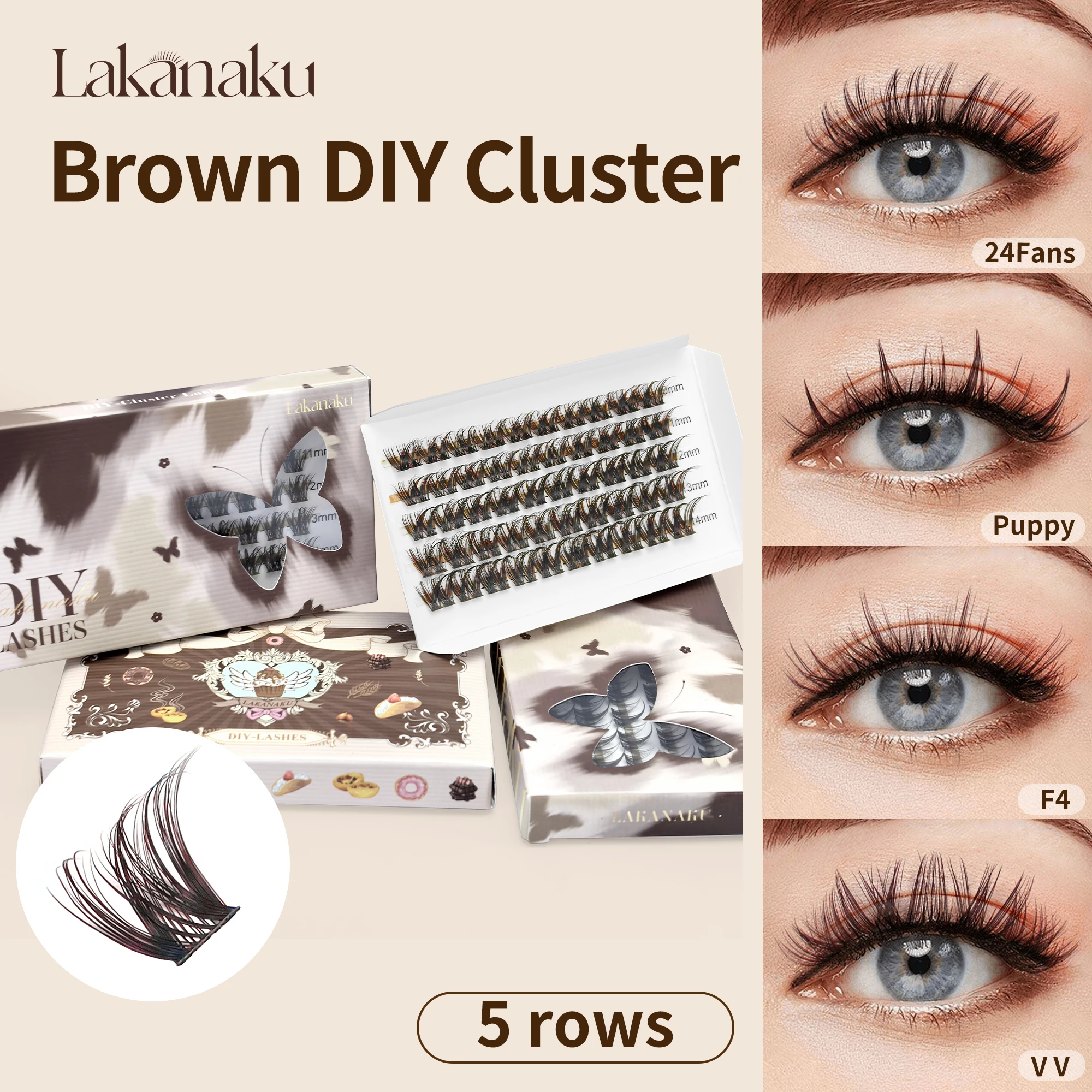 LAKANAKU Brown DIY Lashes Clusters Eyelash Extensions Volume Fans for Beauty Makeup