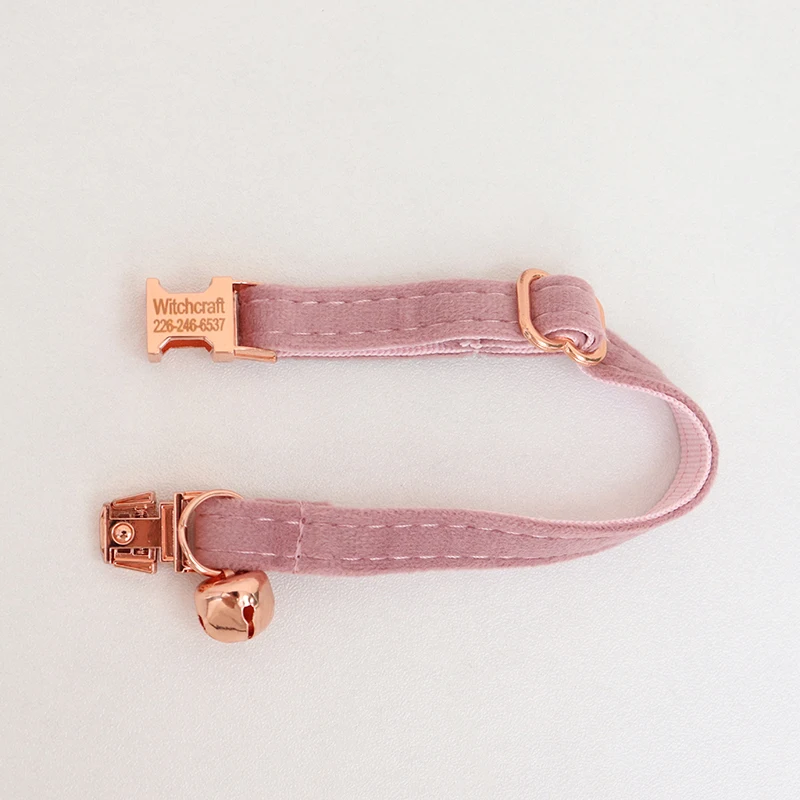 Champagne Pink Velvet Cat Collar Personalized Customized ID Tag Kitten Collars Bell Bow Cat Necklace Puppy Collar for Small Dogs