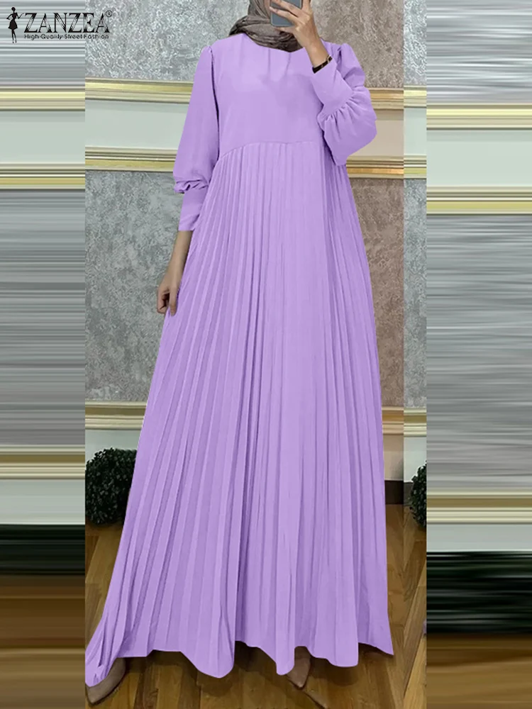 Muslim Hijab Dresses Abaya ZANZEA Elegant Long Sleeve Dubai Vestidos Kaftan Women Pleated Dress Robe Femme IsIamic Clothing 2025