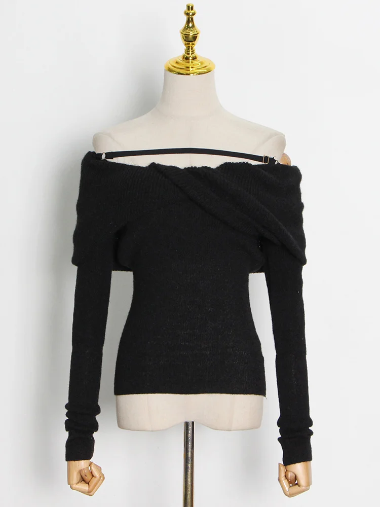 Solid Knitting Sweaters For Women Slash Neck Long Sleeve Minimalist Slimming Crisscross Folds Pullover Sweater Female