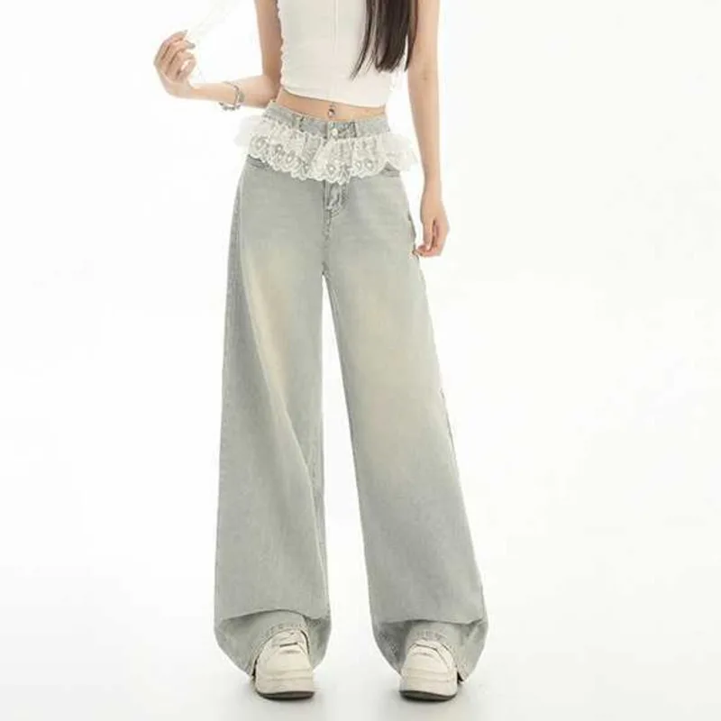 ANJY otoño nueva moda mujer elegante fresco encaje Trim Casual versátil pantalones vaqueros rectos moda Chic marea Simple pantalones vaqueros A13088