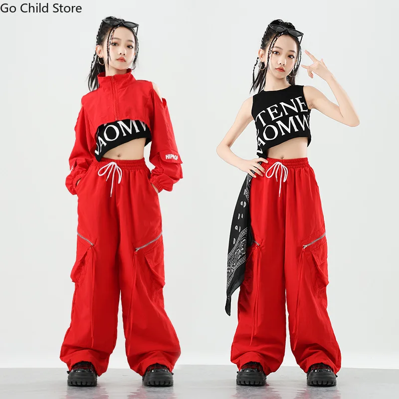 Hip Hop Girls K-pop Off Shoulder Crop Jacket Street Dance Cargo Pants Kids Streetwear Child Jazz Girl Group Costume Clothes Sets