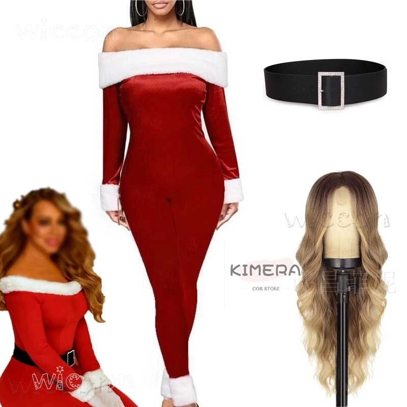 Women Mariah Cosplay All I Want for Christmas Theme Party Red Outfit Costume Jumpsuit Onsie Xmas Funny Roleplay New Year Clothes