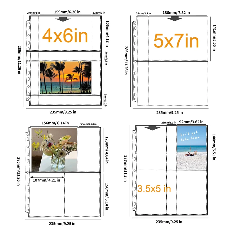 A4 Photocard Pages Top Loading Acid Free Photo Sleeves 5x7 4x6 8x10 inches Photo Album Refill Pages Postcards Collection Storage