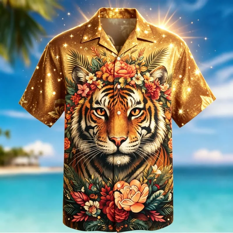 

Men's dreamy animal floral print Hawaiian shirt, for summer vacations, beach parties, daily outfits, and music festivals