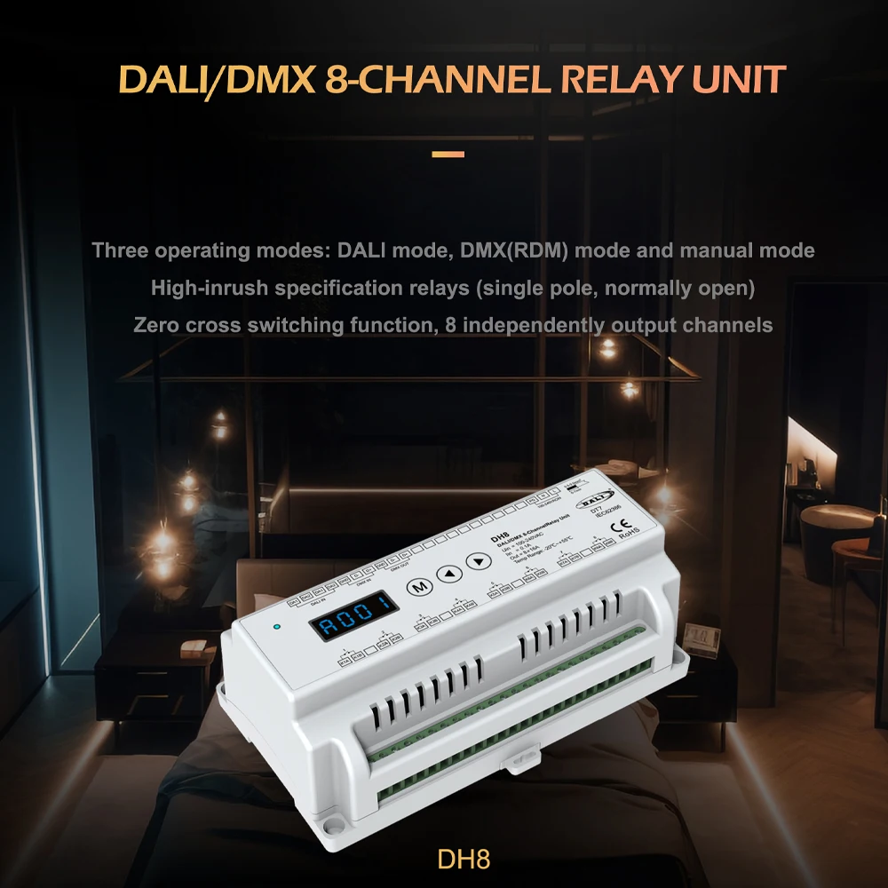 

DALI/DMX 8-Channel Relay Unit Compliant DALI Device Type 7 DALI-2 Certified LED Segment Display Comply With The DMX512 standard