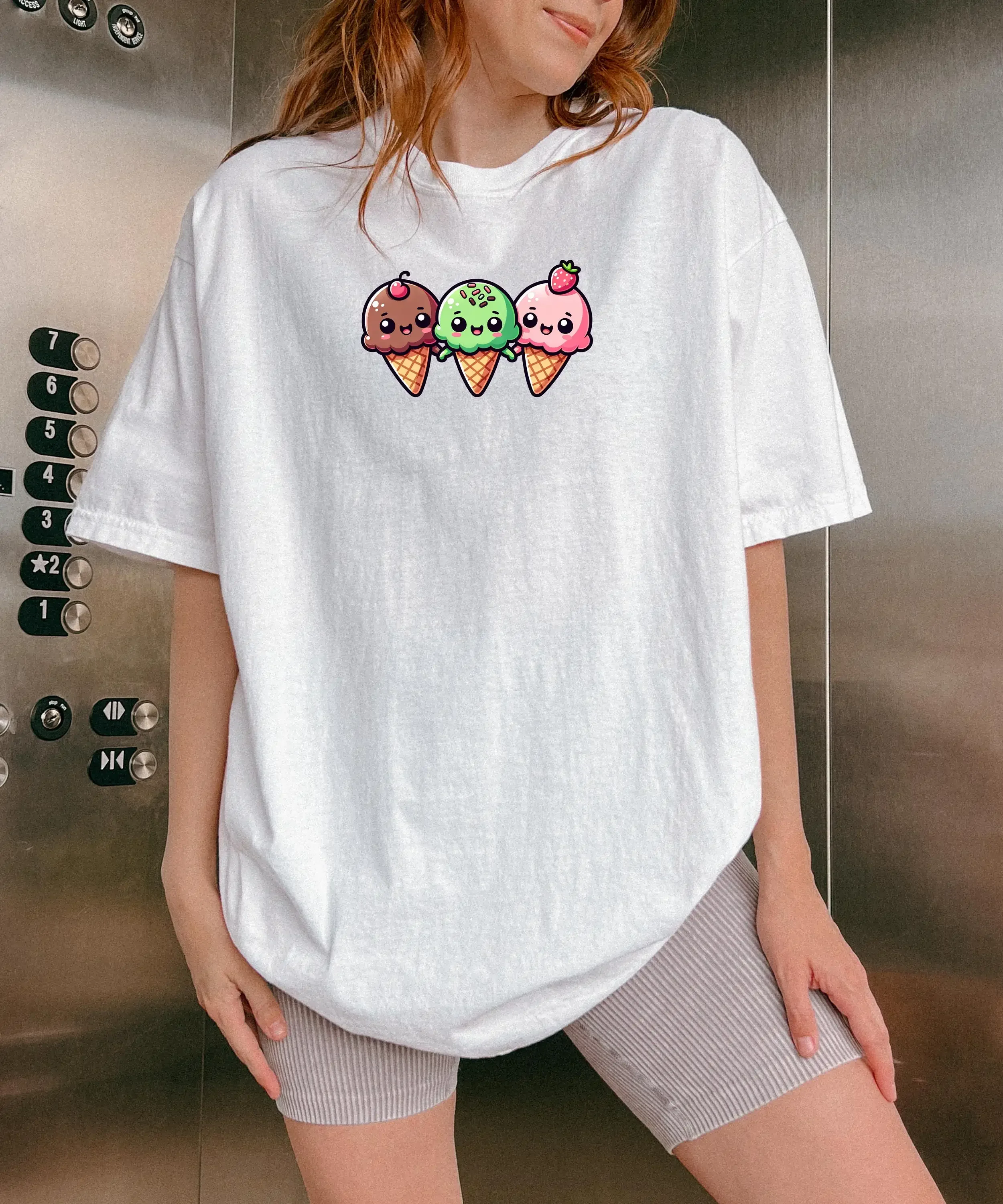 Cute Kawaii Ice Cream Cones Scoops Strawberry Mint Chocolate T Shirt Pink Green Brown Heavy Weight Cotton