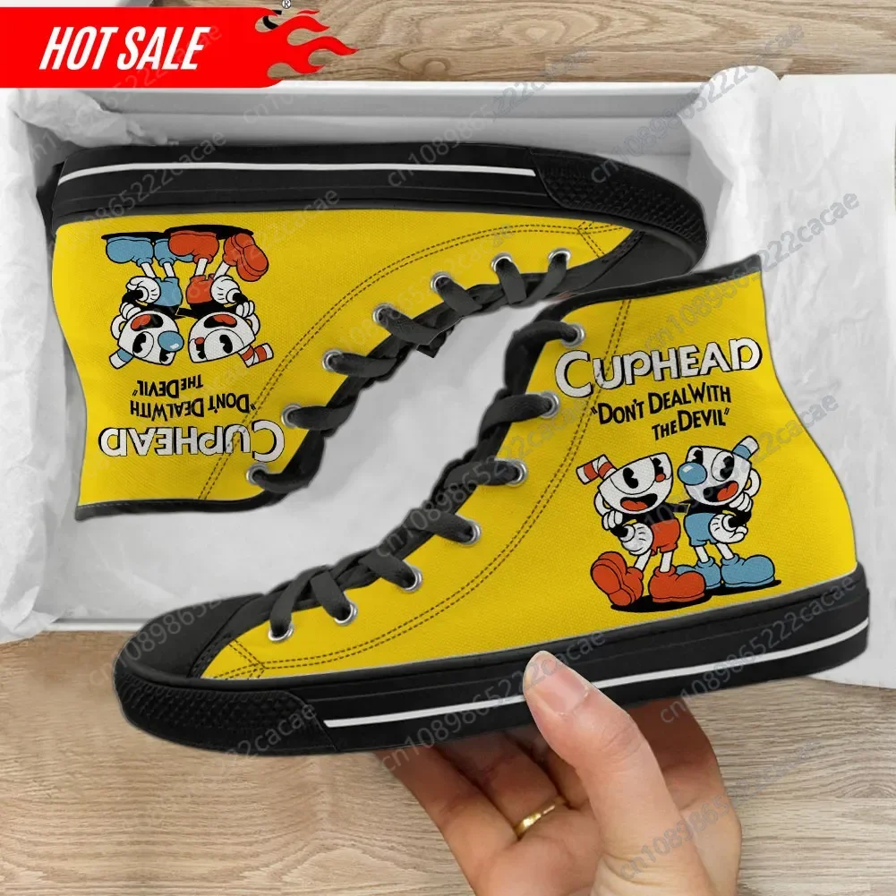 

Game Cuphead Mugman Cartoon Pattern Casual Lace Up Sneakers for Men Boys High Top Canvas Footwear Vulcanized Shoes