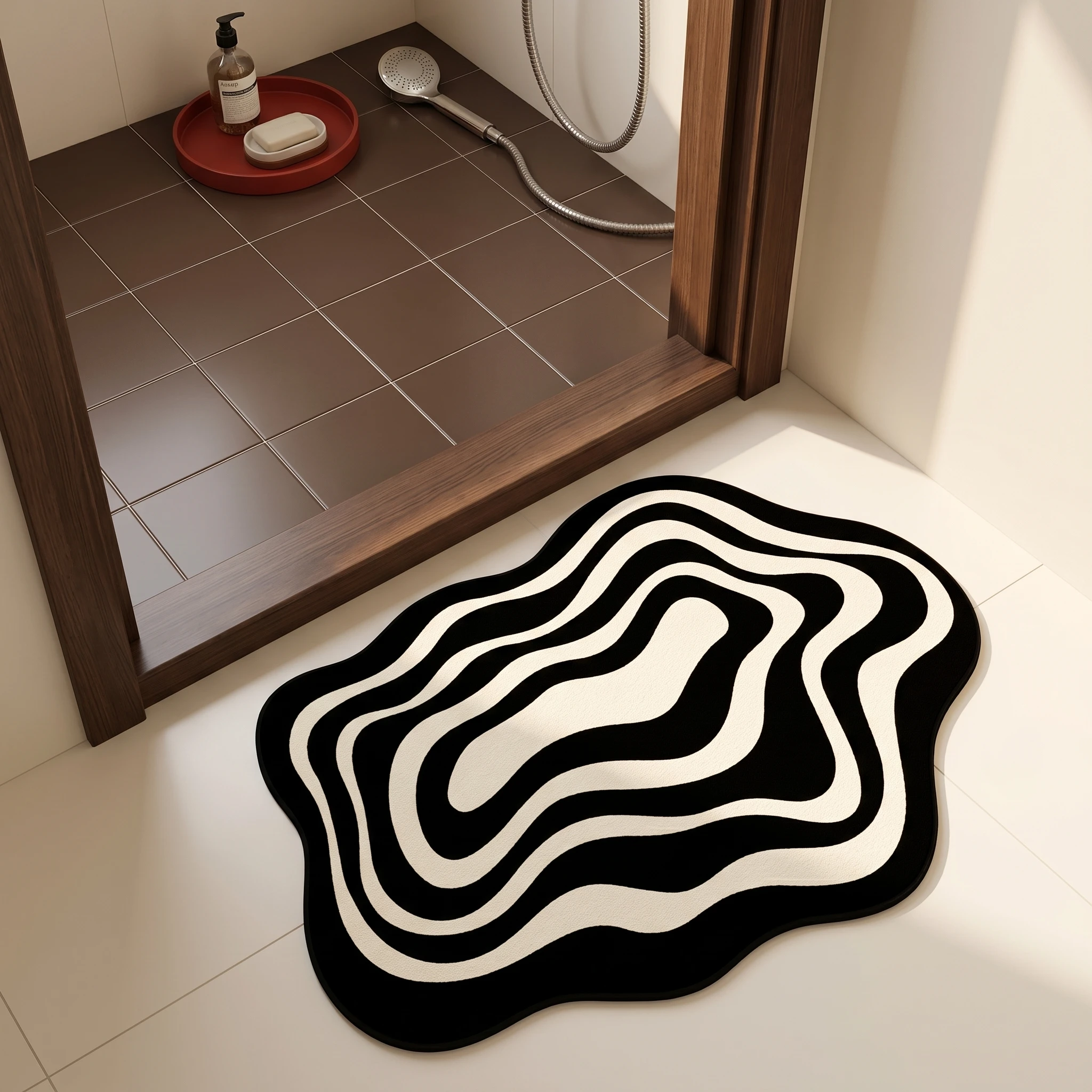 Irregular Shaped Diatomaceous Earth Bath Mat Black White Abstract Pattern Quick Dry Bathroom Rug Non-Slip Modern Shower Carpet