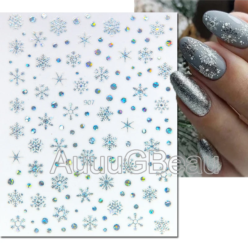 Nail Art 3d Decals Winter Christmas Laser Silver Snowflakes Back Glue Nail Stickers Decoration For Nail Tips Beauty