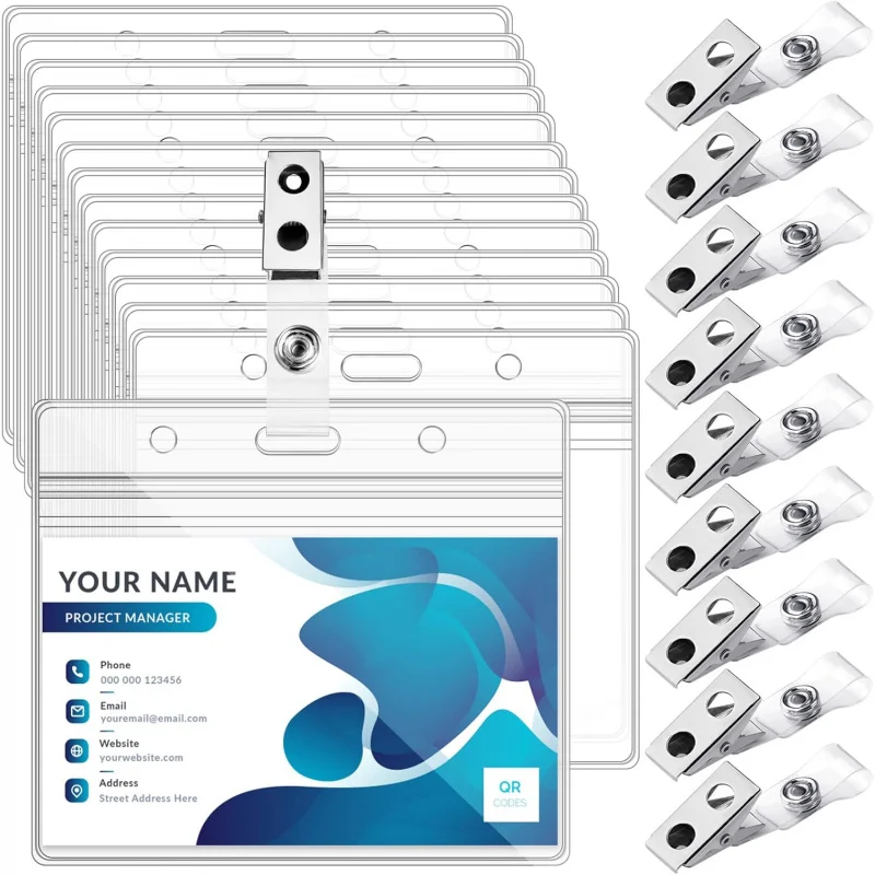 

100 комплектов держателей бейджей и металлических зажимов, прозрачный горизонтальный держатель для идентификационных карточек с зажимом, водонепроницаемый держатель для бейджей