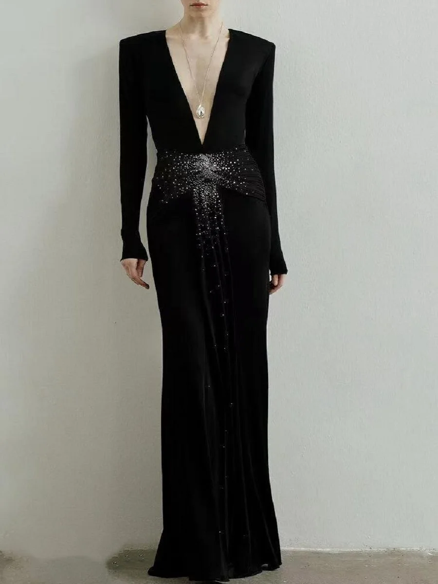 ملابس نسائية شتوية 2025 ثوب مسائي مع أحجار الراين، مشد، فستان نسائي أنيق، Y2K موضة جديدة، تنورة طويلة عالية الجودة #1