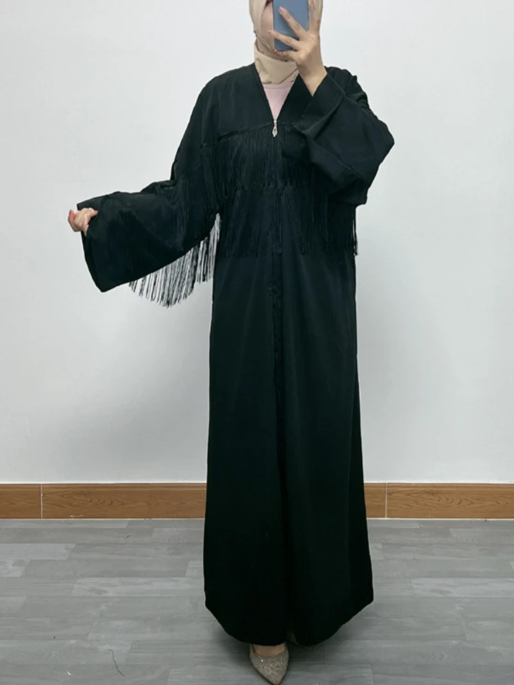 Eid Muslim Abayas for Women Party Abaya Dress Caftan Ramadan Lace-up Islam Dubai Arab Long Robe 2024 Zipper Up Tassel Cardigan