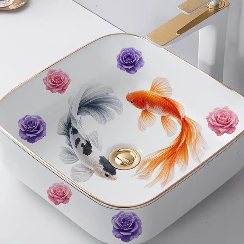 Lucky Koi And Floral Washbasin Sticker Self-Adhesive Waterproof Removable Bathroom Sticker, Wall Bathroom Sink Decal Home Decor
