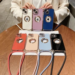 Funda blanda con revestimiento de cordón y collar cruzado para iPhone 13, 12, Mini, 11, 14, 15 Pro Max, XS, XR 8, 7 Plus, SE, funda protectora de lente