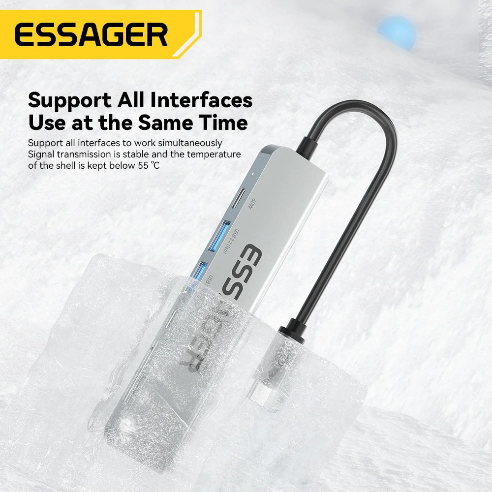 Essager 7 In 1 USB Type C Hub PD60W Fast Charging Splitter Laptop HDMI High Speed Splitter 5Gbps for PC USB 3.2 Gen1 2.0 Ports