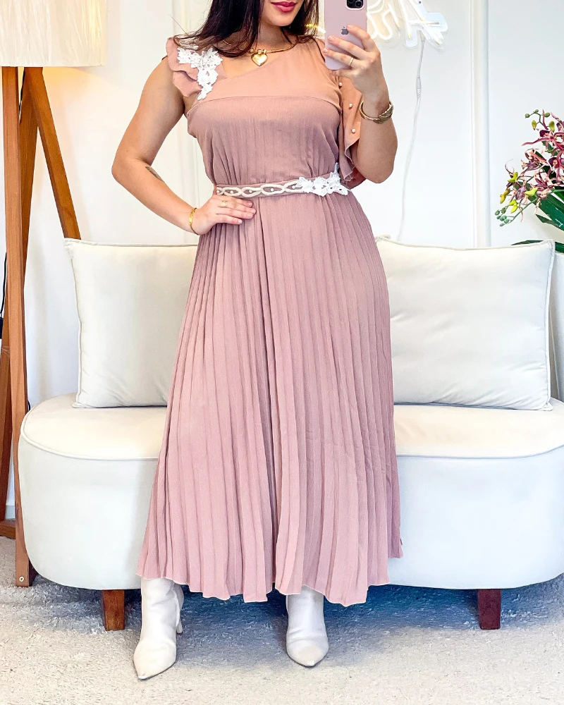 

Women's Dress Fashion 2025 Summer Asymmetrical Neck Ruffle One Shoulder Lace Detail Pleated Maxi Dress with Belt