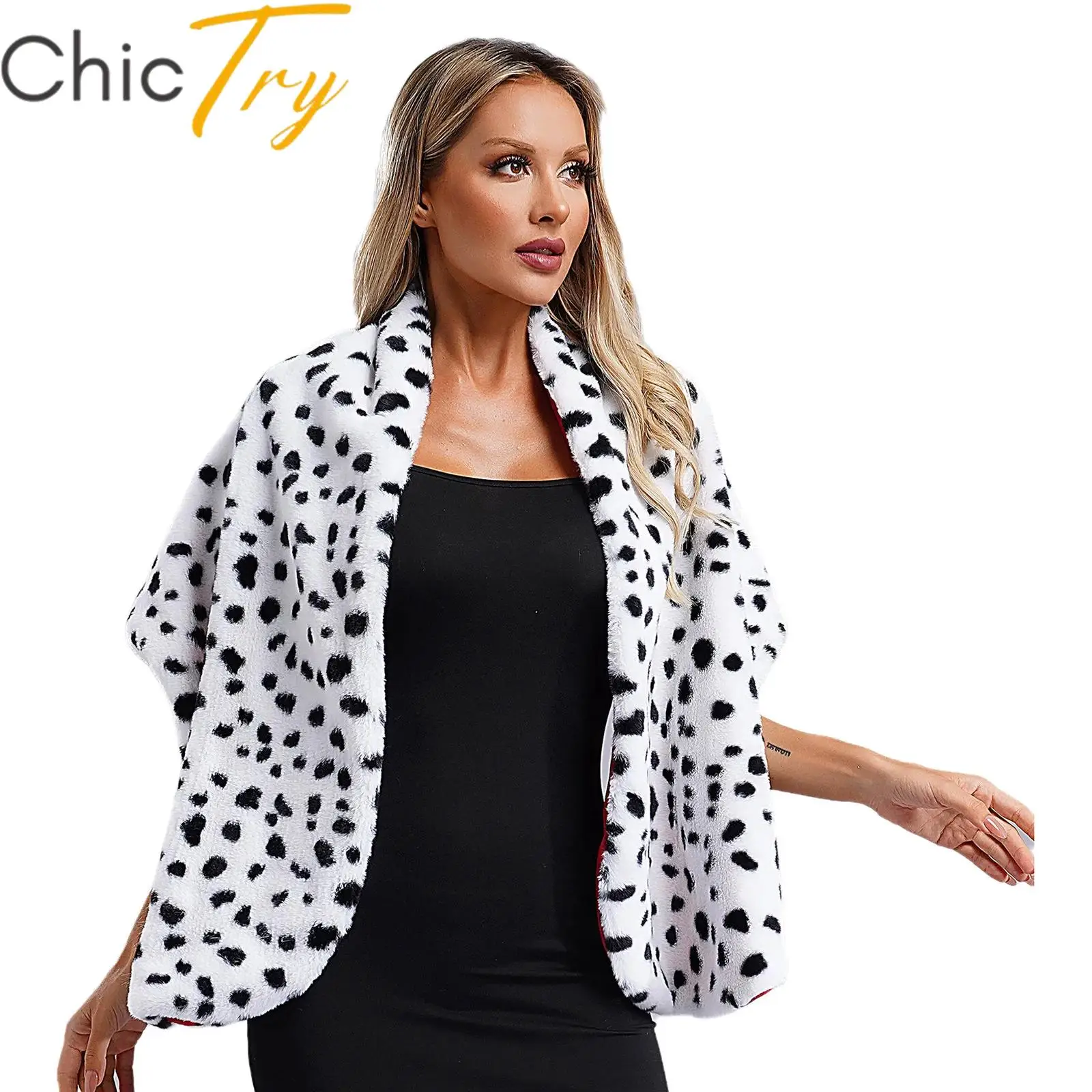 Women Artificial Fur Cape Shrug Dalmatian Print Shawl Scarf Cosplay Halloween Masquerade Theme Party Black and White Accessories