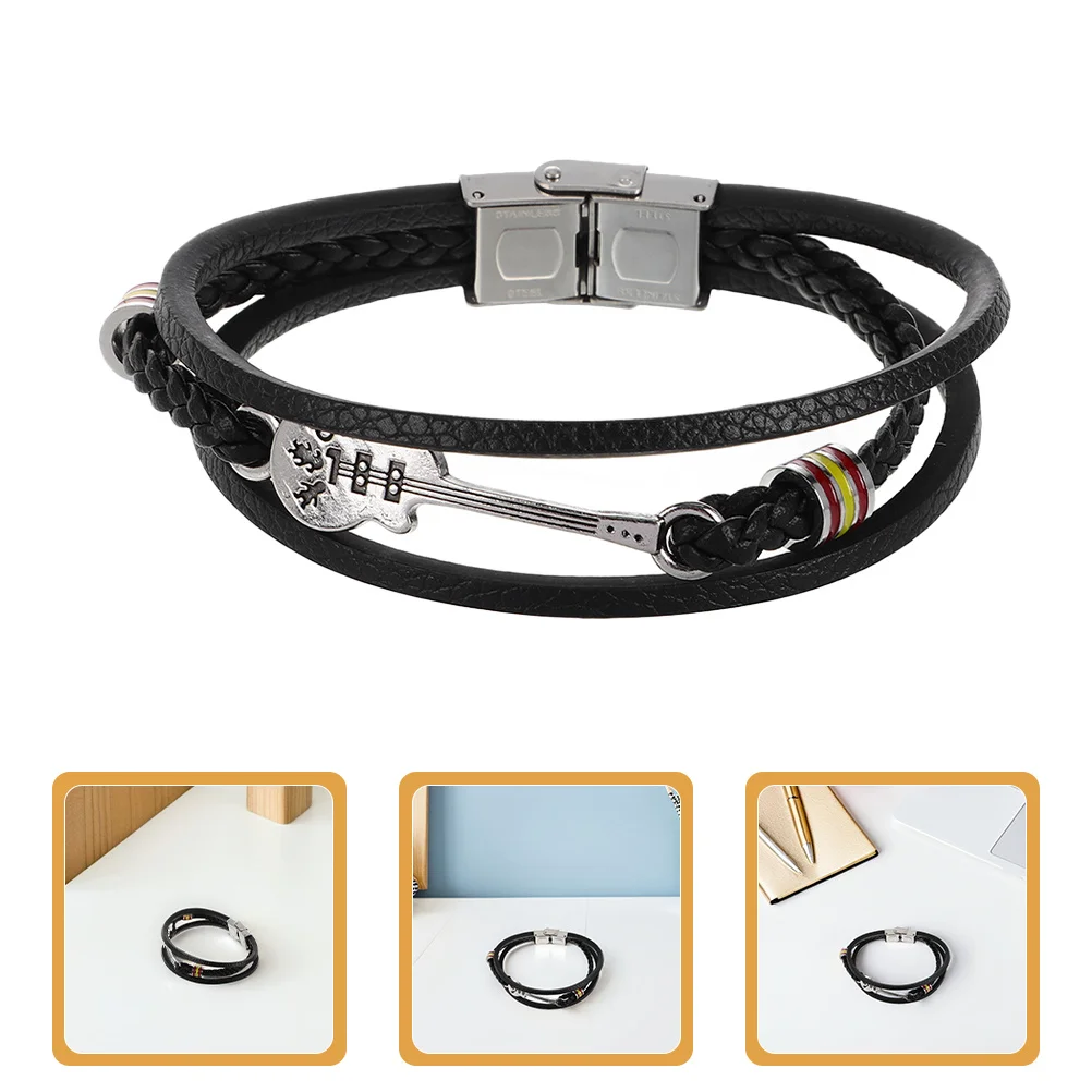 

2Pcs Punk Style Bracelet Men Multi-Layer Guitar Wristband Adjustable Black PU Cuff Casual Jewelry Punk Jewellery