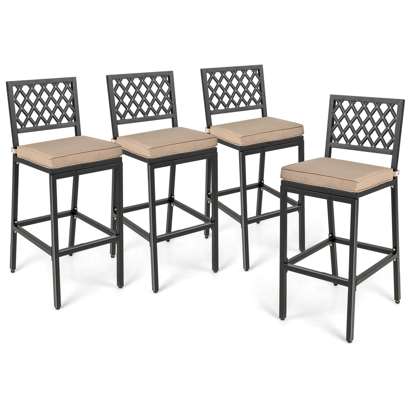 Set of 4 Patio Metal Bar Stools Outdoor Bar Height Dining Chairs w/ Cushion