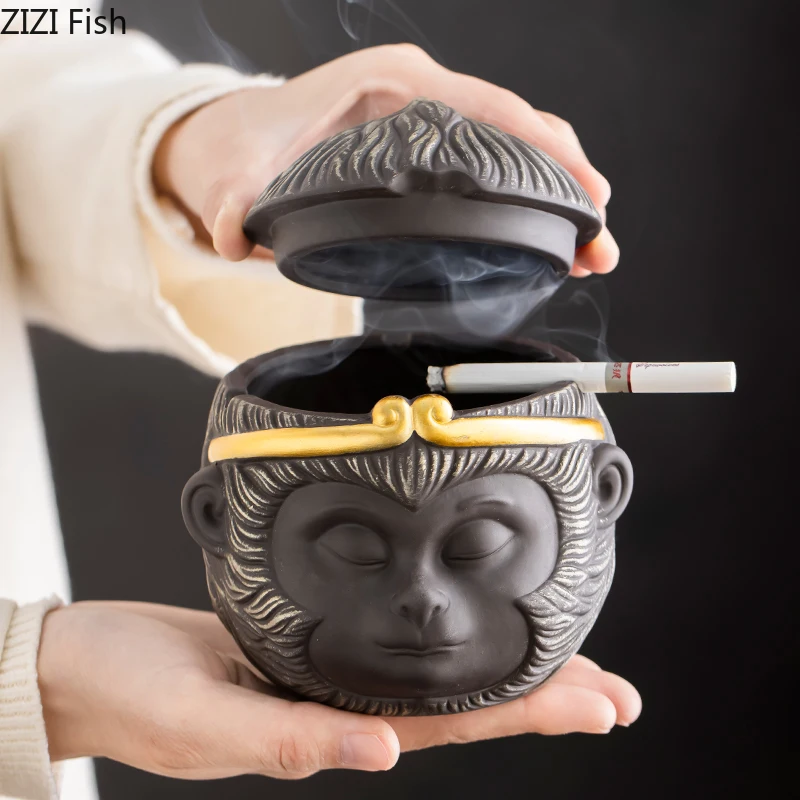 Sun Wukong Ceramic Ashtray Office Desk Decoration Smoking Accessories for Weed Creative Monkey King Portable Windproof Ashtray