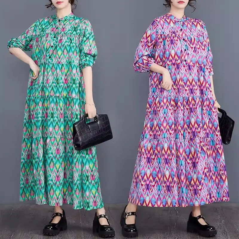 

2024 Printed Shirt Dress Spring And Autumn Loose Large Size Printed Patchwork Fashion Women Long Sleeve Fashion Dress Z4722
