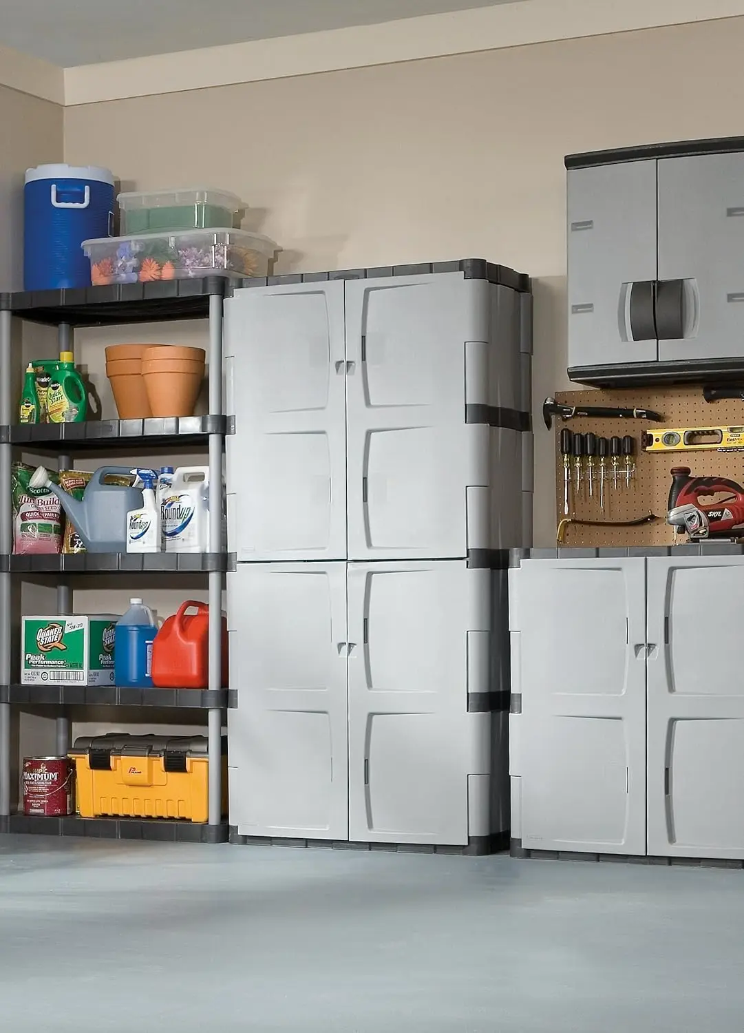 Armoire de rangement autoportante, meuble gris à cinq étagères avec double portes, verrouillable, grande capacité de 690 filtres