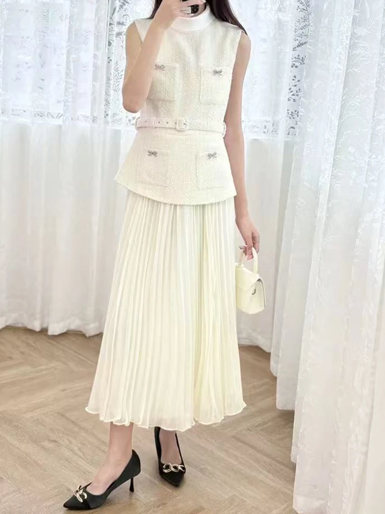 

Summer New Fashion Tweed Spliced Chiffon Pleated Dress Women Elegant Stand Collar Sleeveless Fake two pieces Robe Ladies 2025