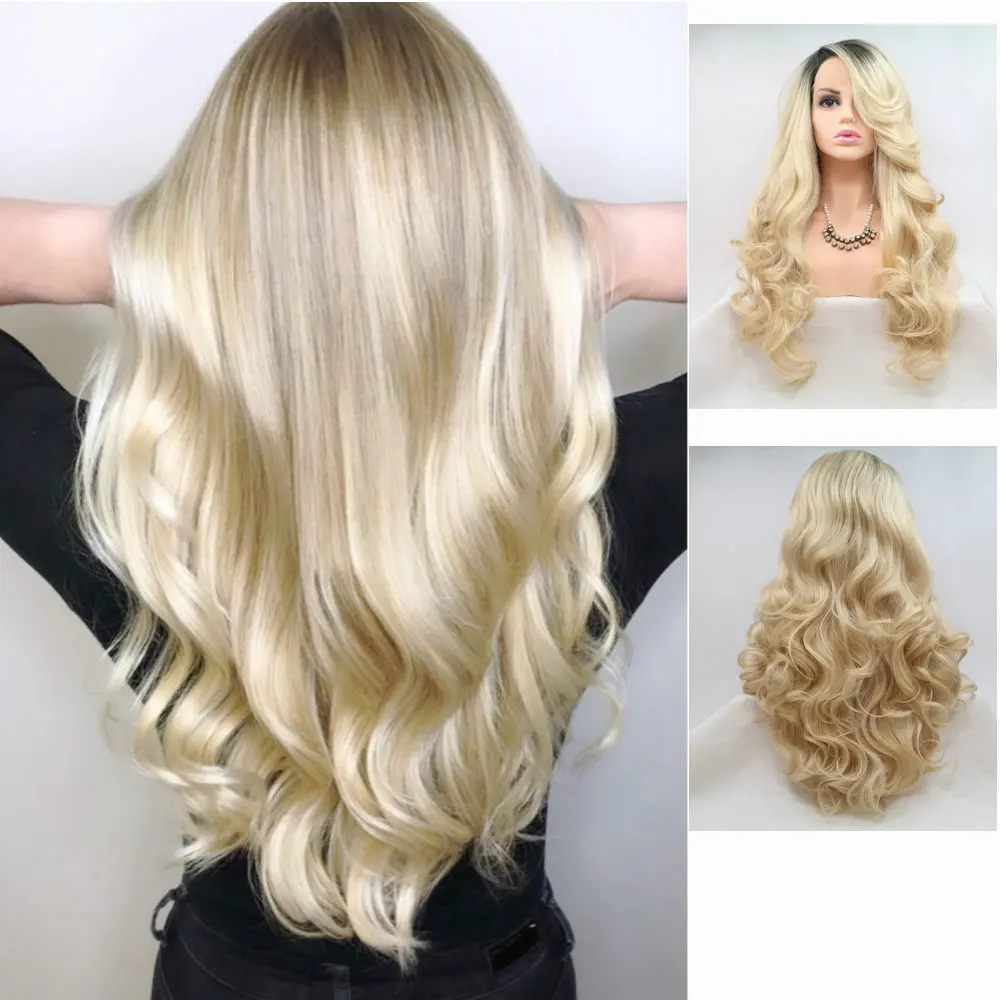 

Sylvia Drag Queen Dark Roots Ombre Blonde 2 Tone Heat Resistant Synthetic Lace Front Wigs for Women Make-up Cosplay Replacement