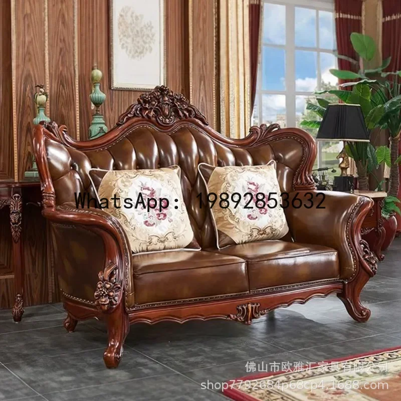 

H5.15 genuine leather sofa - top grain leather, vintage solid wood carvings, living room & villa furniture