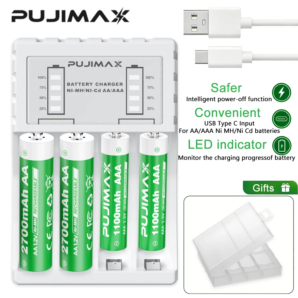 PUJIMAX AA/AAA wiederaufladbare Batterien 2700 mAh 1100 mAh 1,2 V NI-MH-Batterie für Maus-Fernbedienung, 4 Steckplätze, Ladegerät + Typ-C-Kabel