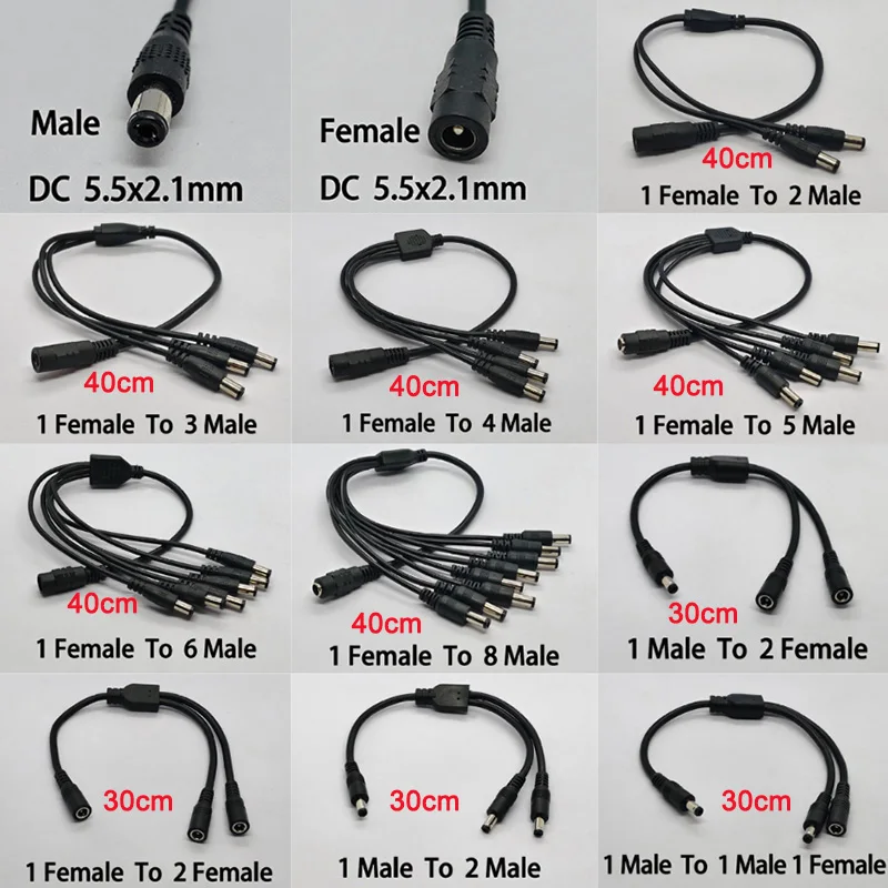 

1PC DC 5.5* 2.1mm 1 To 2/3/4/5/6/8 Way DC Power Splitter Cable Power Adapter Connector Cord For LED Strip Lights CCTV Camera