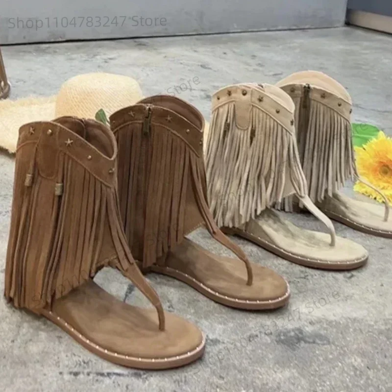 Mode clouté sandales chaussures pour femmes tongs talon bas gland été chaussures romaines luxe correcteur orteil Clip bottes nouveau Style