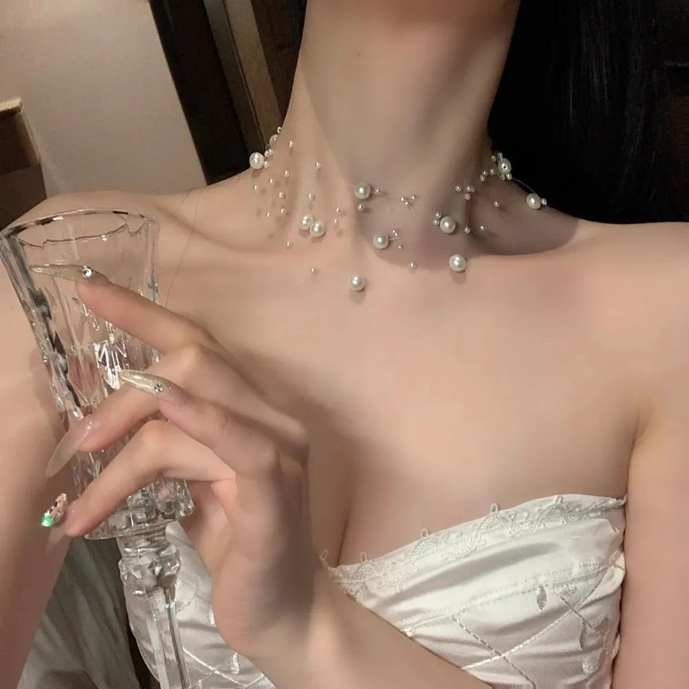 Dulce temperamento Hada cielo estrellado línea de pesca multicapa collar de perlas de imitación para mujer novia boda encanto joyería regalos