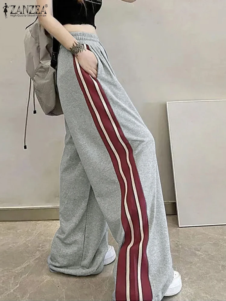 

ZANZEA Fashion Summer Wide Leg Pants Women Trousers 2025 Stylish Stripe Patchwork Long Palazzo Casual Loose Pantalon Streetwear