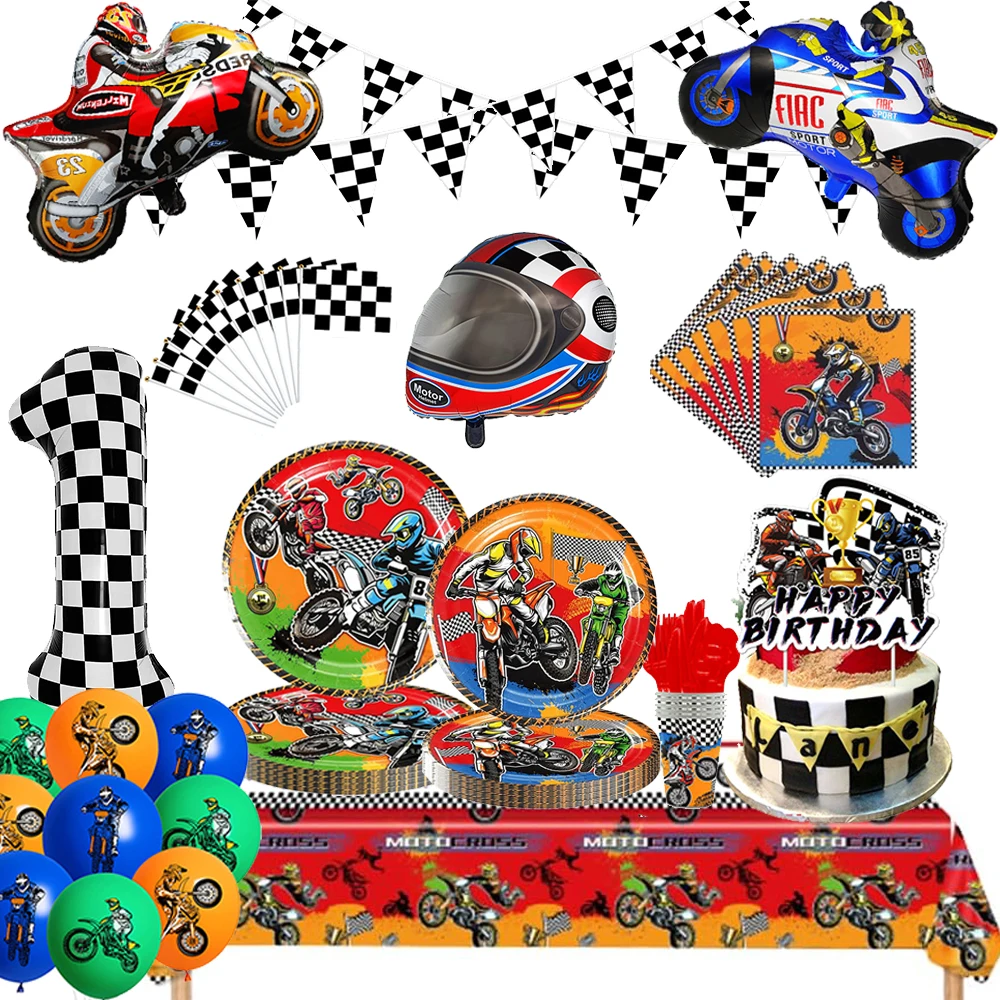 Motorcycle Theme Motocross Party Tableware Plates Balloons Banner Boys Dirt Bike Kids Motor Birthday Party Decoration Supplies