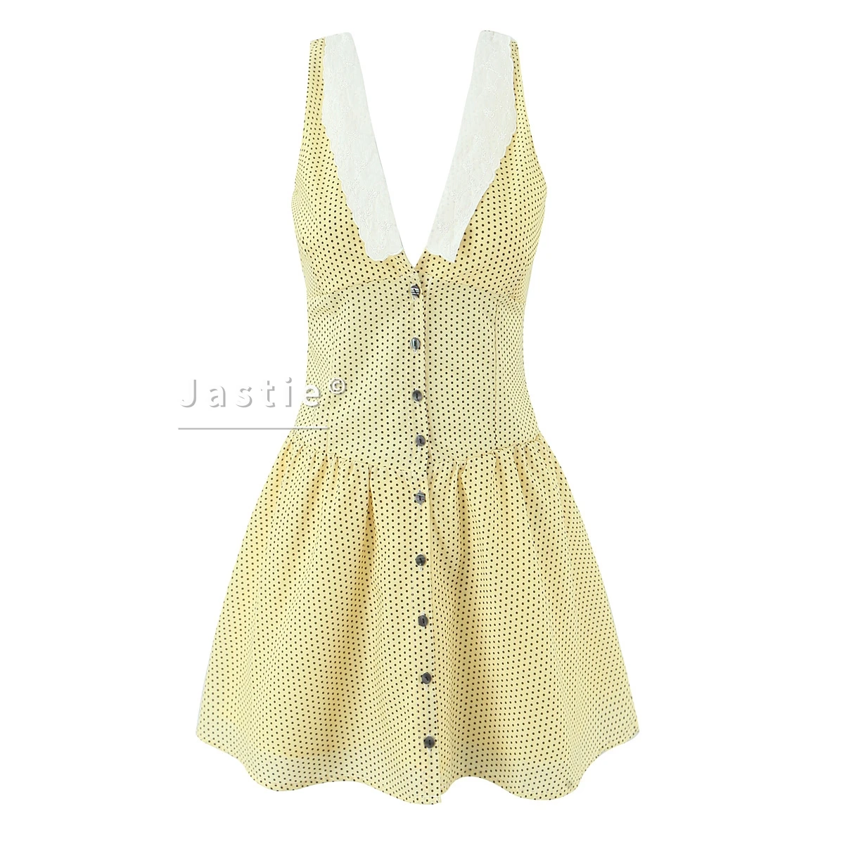 노란색 폴카 도트 민소매 미니 드레스 화이트 칼라 버튼 프론트 딥 브이넥 세련된 캐주얼 여름 드레스 여성 보헤미안 비치 드레스