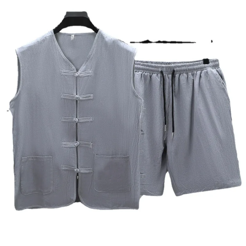 

Summer Chinese Style Cotton Linen Sleeveless Tang Suit Vest Men Viking Blouse T-Shirt Coat Pant Traditional Chinese Clothing