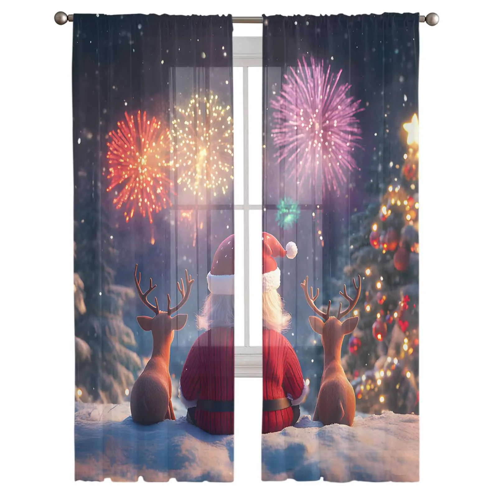 Christmas Tree Old Man Reindeer Curtains Decorations For Home Window Tulle Curtains For Living Room Bedroom