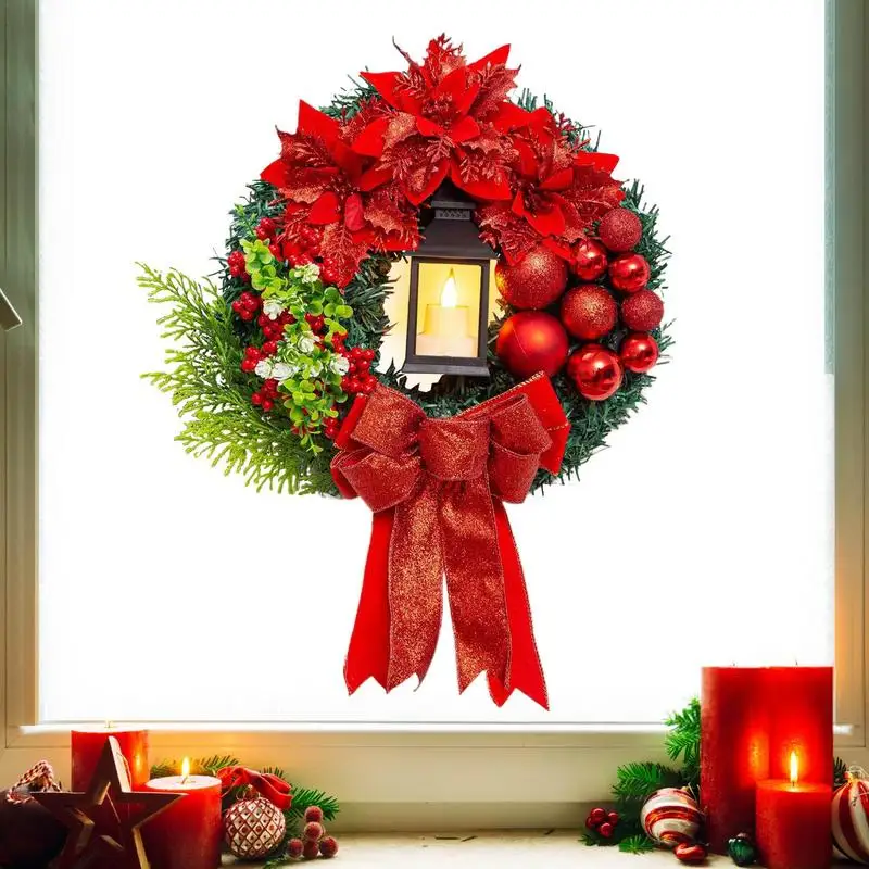 Lighted Christmas Wreath Winter Wreath With Red Bow And Lamp Lighted Artificial Wreaths For Wall Mantle Christmas Decoration