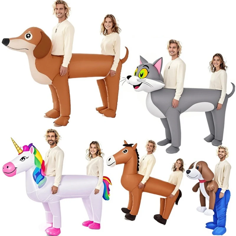 Aufblasbares Kostüm für Erwachsene mit doppeltem Pferd/Hund/Einhorn, ausgefallenes Karnevalsparty-Cosplay-Kleid, aufgeblasenes Kleidungsstück
