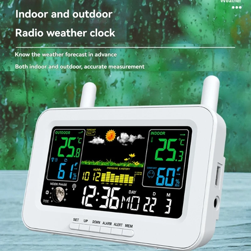 Digitale Wetterstation mit Farbbildschirm, Sonnenaufgangs- und Sonnenuntergangsthermometer, Hygrometer mit kabellosem Außensensor, EU-Stecker