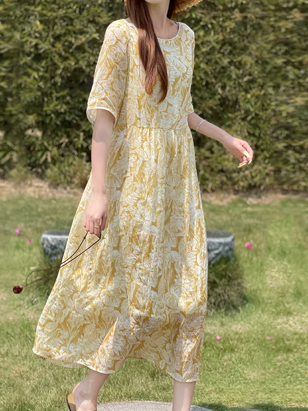 

Summer Floral Print Overhead Dress Loose Slimming Midi Double Layer A-Line Skirt Women's Clothing Commute Style round Neck ...