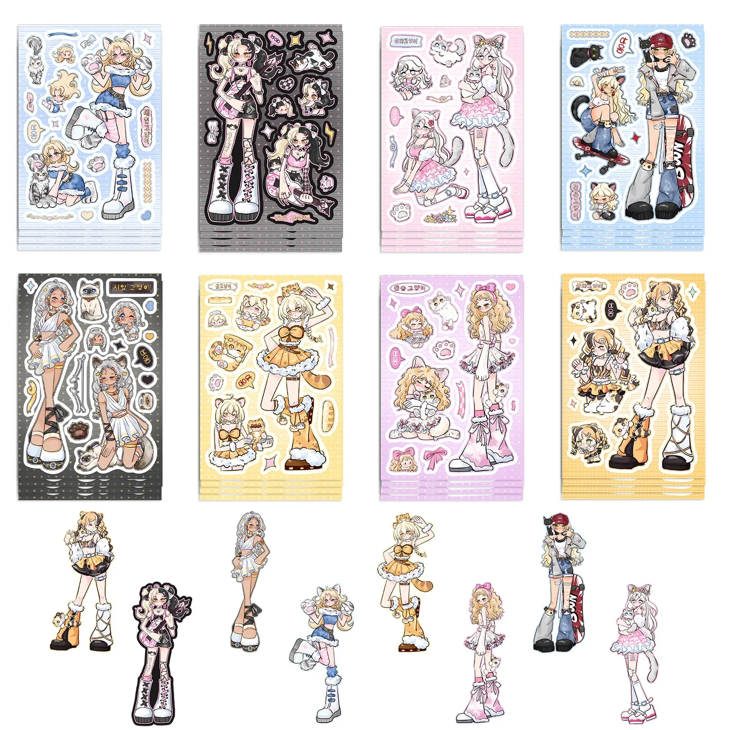 8pcs of Cat Girl Gu Card Stickers DIY Handbook Small Card Mobile Phone Case Decoration Korean Style Ins