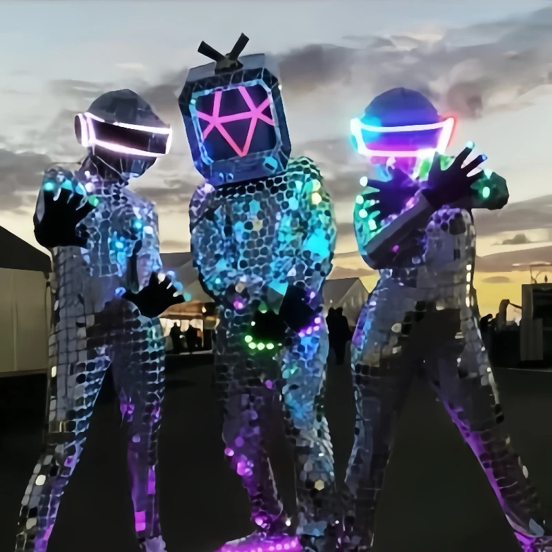 Luminous Mirror Man Performance Costume Planet Future Alien Technology Sensing Luminous LED Headgear Jumpsuit Performance Party