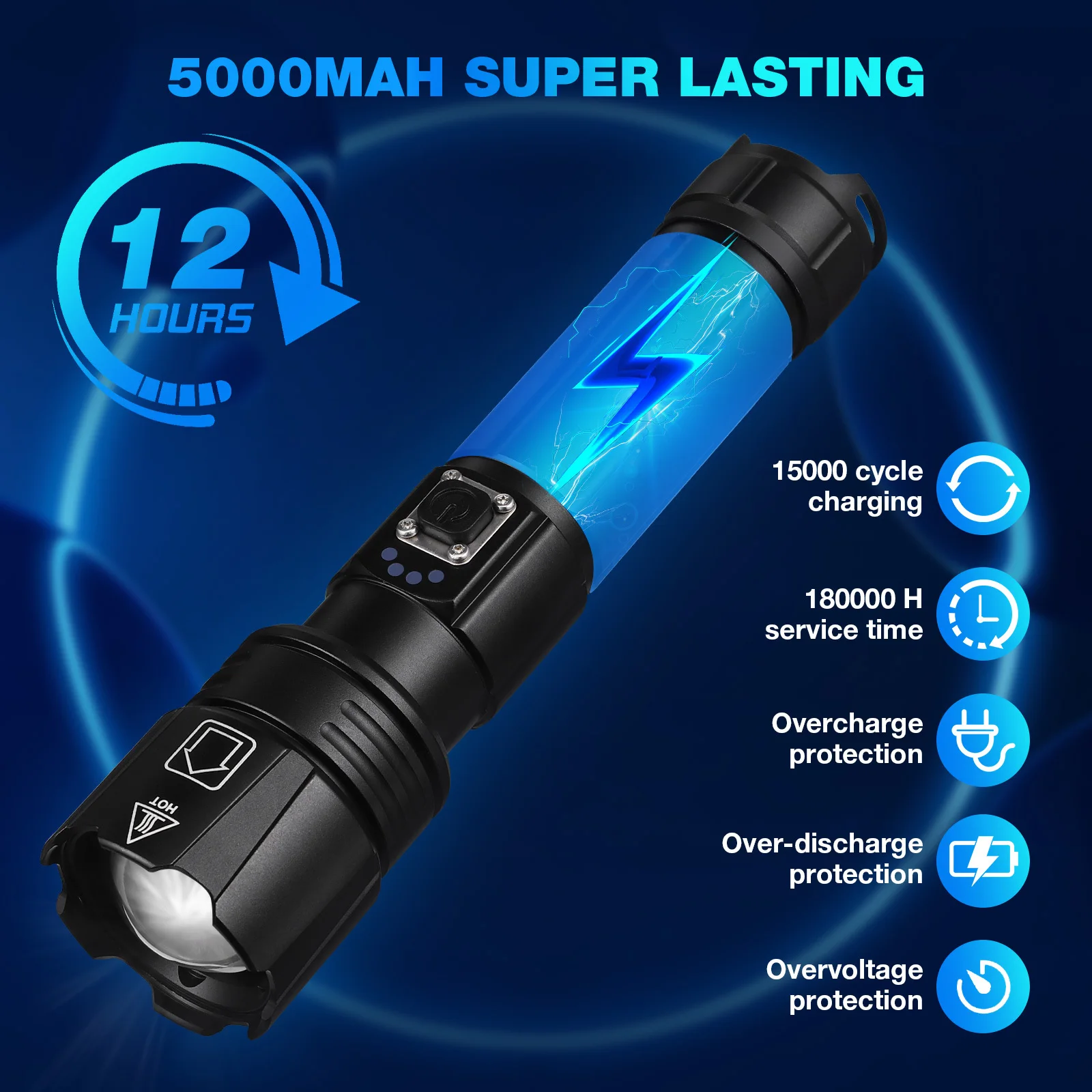 

5000mAh Rechargeable Flashlight LED Torch with High Lumens Brightness Waterproof Long Distance Illumination for Outdoor