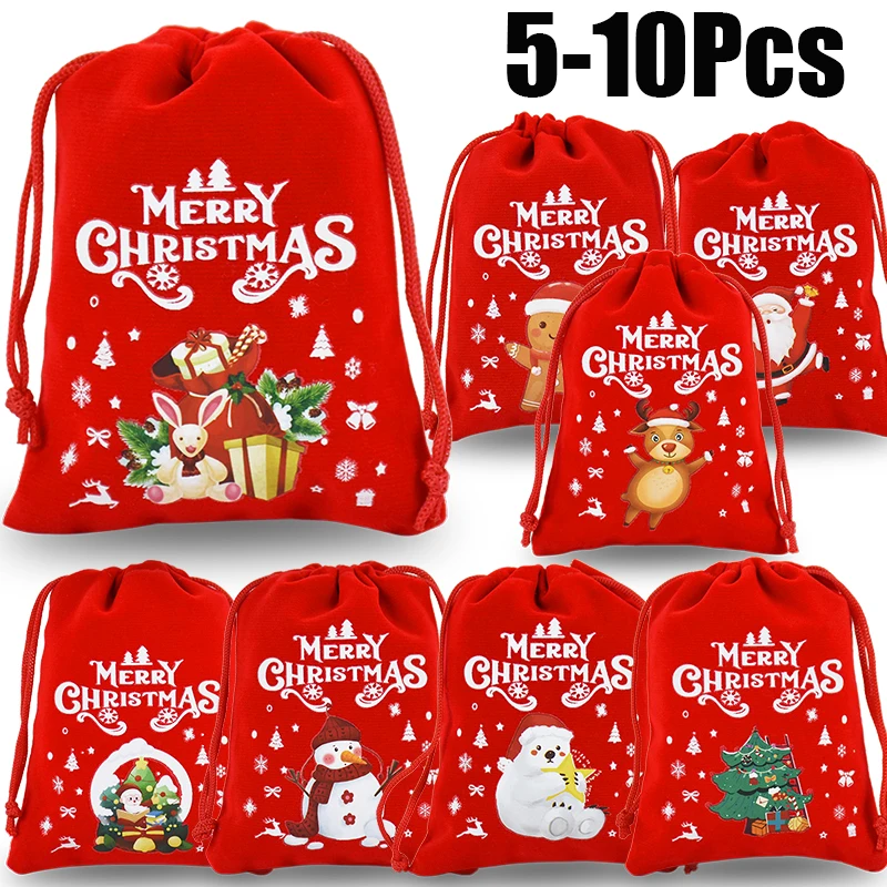 5/10Pcs Christmas Gifts Velvet Bags Santa Candy Cookeis Jewelry Wrapping Drawstring Bag Xmas Tree Decorations For Home New Year