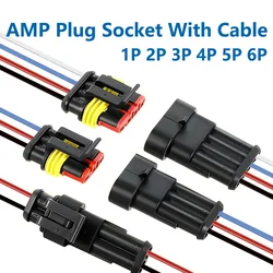 5Sets AMP Waterproof Electrical Auto Connector Male Female Plug with Wire Cable harness for Car Motorcycle 1P 2P 3P 4P 5P 6P Way