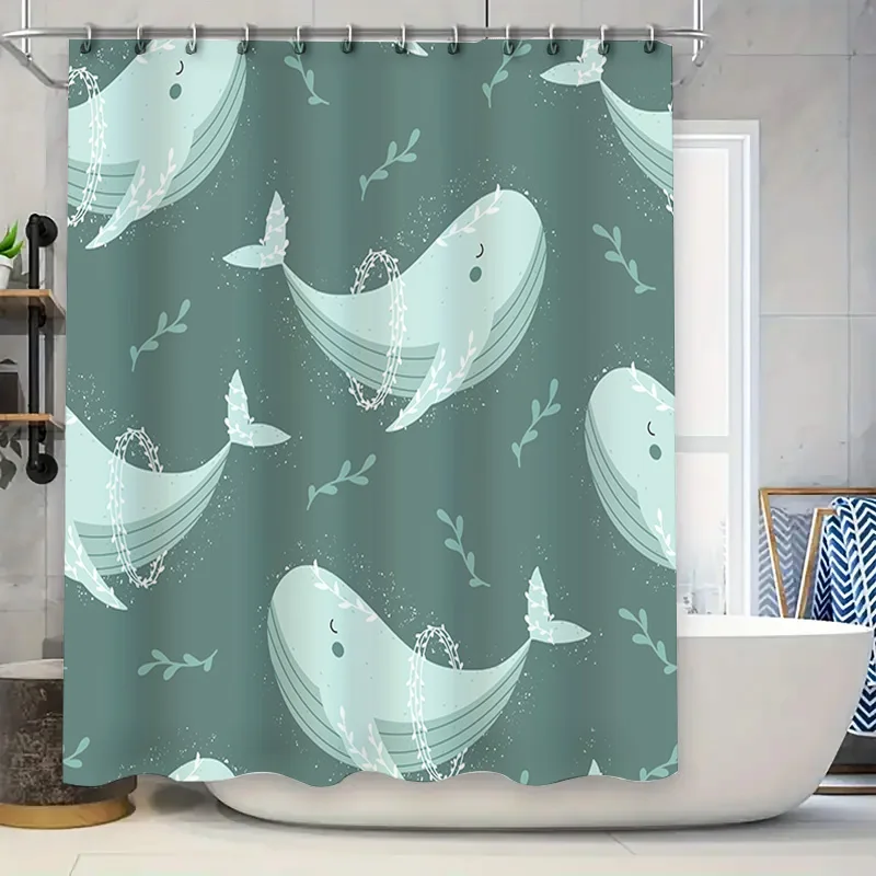 

Whimsical Whale Shower Curtain Set Green Bath Decor with Seashell Print for Kids Bathroom